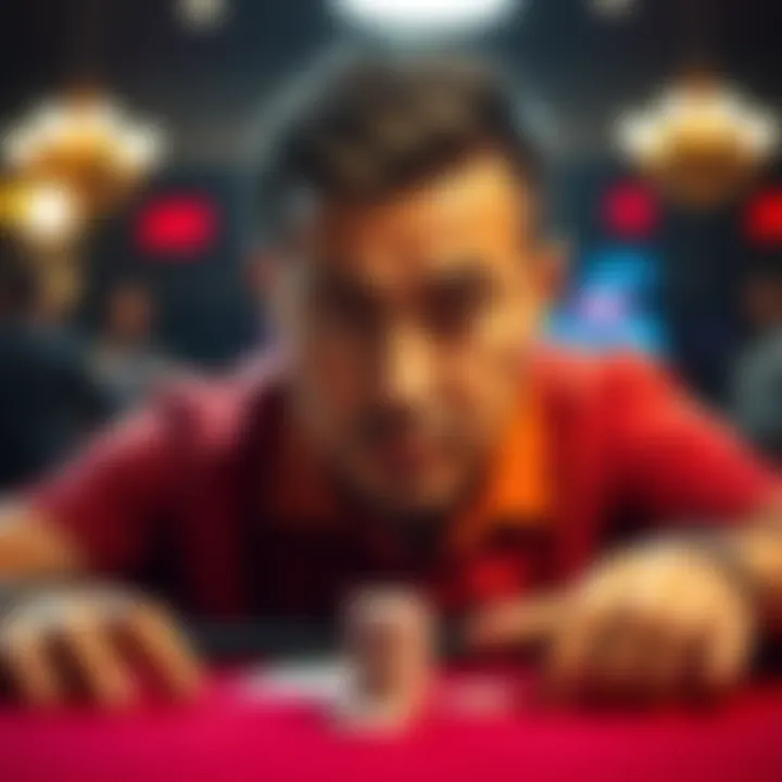A concerned poker player stares at chips on the table, showing signs of frustration due to a suspicious all-in bet.