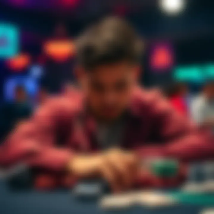 A poker player in focus, looking at their hand with a serious expression, surrounded by chips and cards on the table during a tournament.