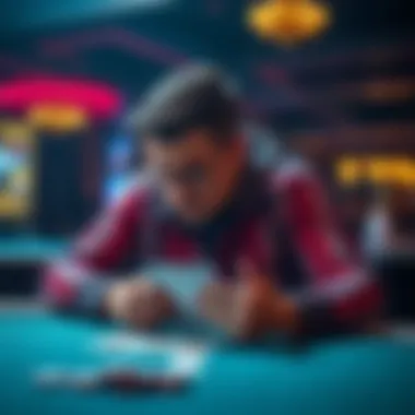 A concerned poker player sitting at a table, looking at their cards with a furrowed brow, reflecting on their game performance.