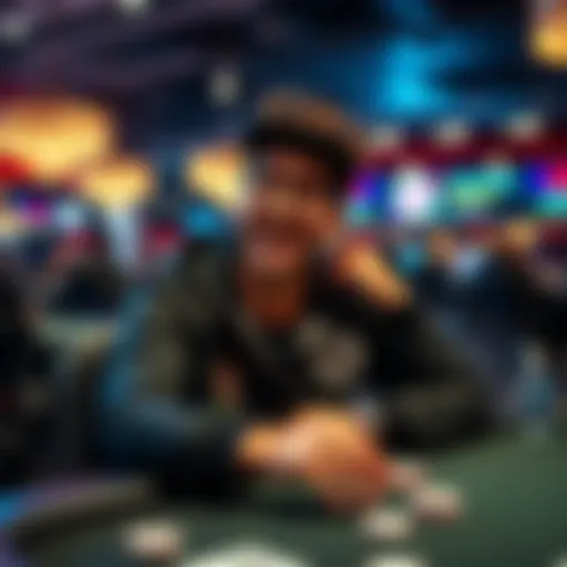 A poker player sitting at a table with a personalized avatar, showing excitement during a tournament.