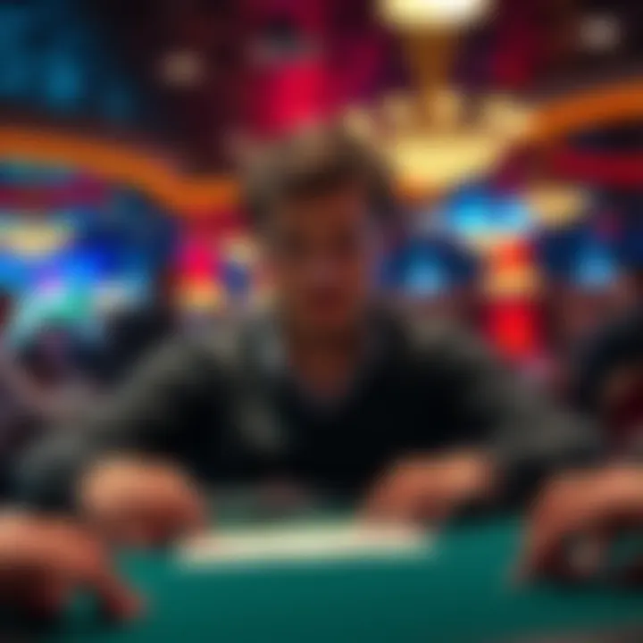 A focused poker player considering an all-in bet with a three of a kind hand on the table in a crowded casino atmosphere.