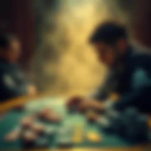 A poker player contemplating his next move at a table filled with chips and cards