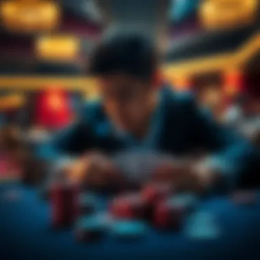 A tense moment at a poker table with a player thinking deeply about his hand, surrounded by chips and cards, indicating a $5000 pot.