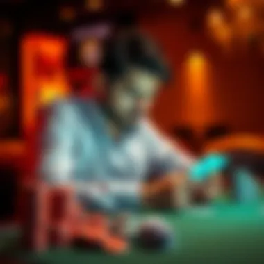 A poker player looks thoughtfully at his cards on the table, weighing his options after a round of betting, with chips stacked in front of him.