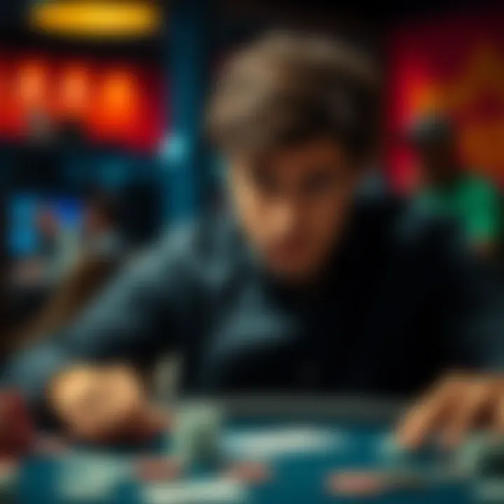 A poker player looks tense as he contemplates his move during an intense game, with cards and chips in front of him.