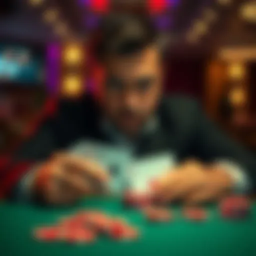 A poker player holding cards at a table with a serious expression, contemplating the decision to pay for knowledge of dead cards.