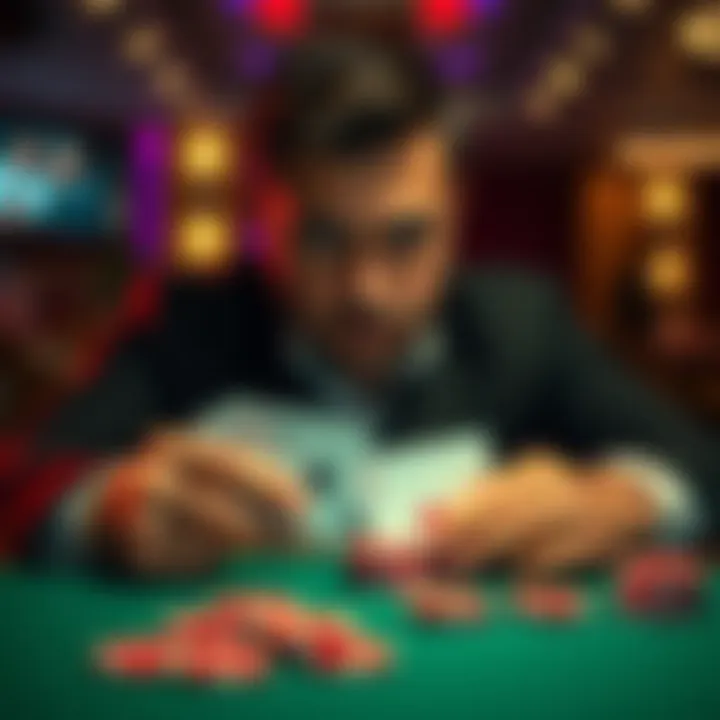 A poker player holding cards at a table with a serious expression, contemplating the decision to pay for knowledge of dead cards.