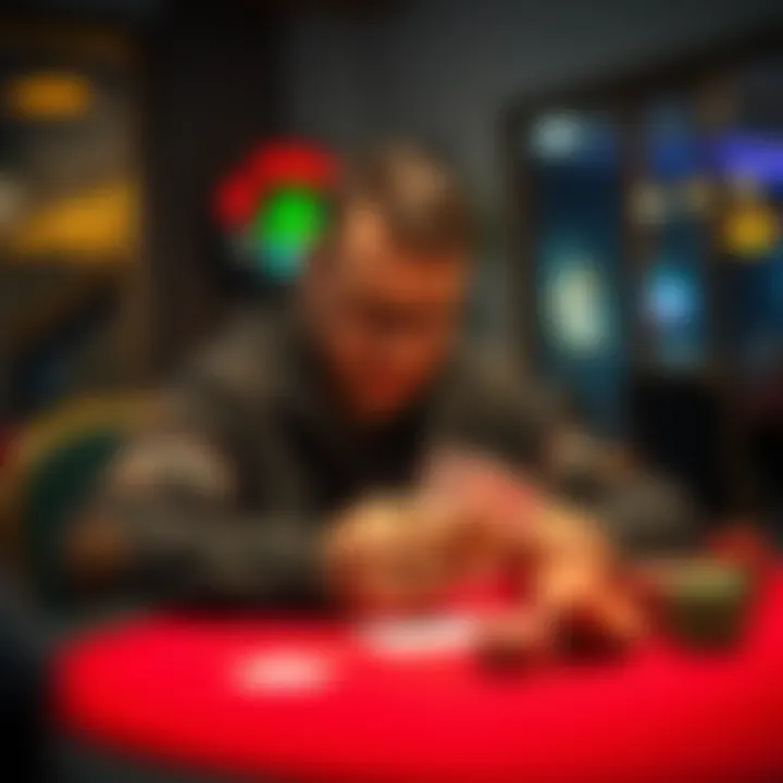 A poker player sitting at a table, looking thoughtfully at their cards, considering whether to fold or continue with their hand.