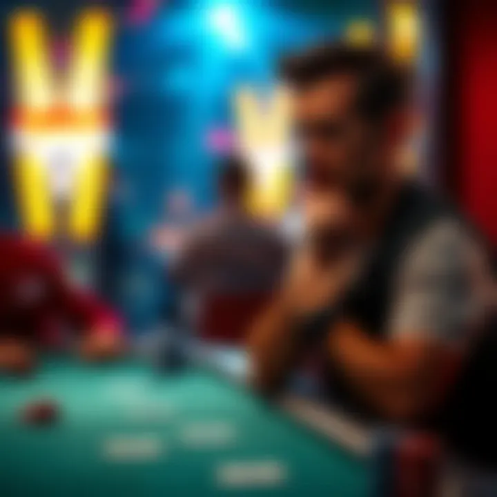 Poker player contemplating a decision A poker player sitting at a table, deep in thought as they consider whether to fold their hand during a tense tournament situation.