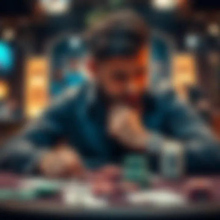 A poker player thoughtfully considers his options during a tournament, surrounded by cards and chips at the table.