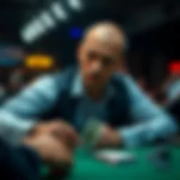 A poker player looks thoughtfully at his cards and the table after a large bet from an opponent, weighing his options.