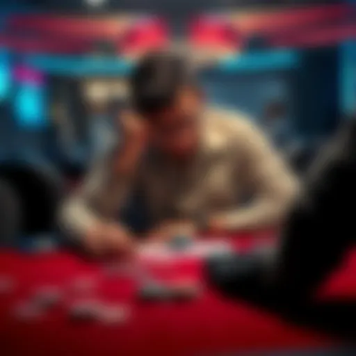 A poker player sits at a table, pondering over cards and chips, showing signs of stress and deep thought about a recent hand.