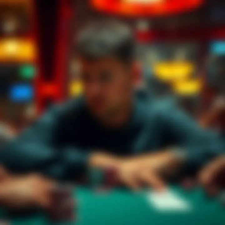 A focused poker player contemplating a high-stakes move in a game, with chips and cards visible on the table