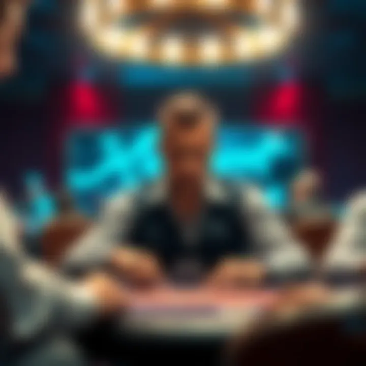 Poker player contemplating a difficult decision A poker player at a table, looking concerned while considering their next move after the turn.