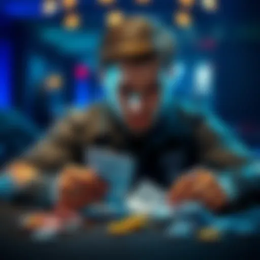 A poker player looking at their cards with a thoughtful expression, analyzing a critical moment in the game.