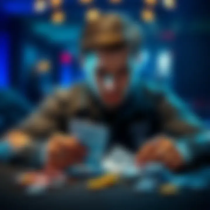 Poker player considering a tough decision A poker player looking at their cards with a thoughtful expression, analyzing a critical moment in the game.