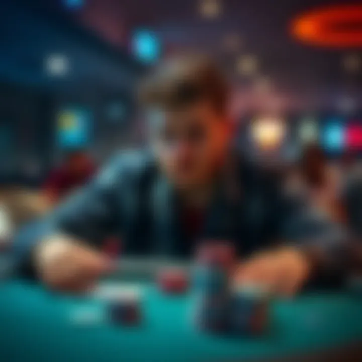 A player at a poker table contemplating his next move after a turn bet, showing a focused expression and a stack of chips in front of him.