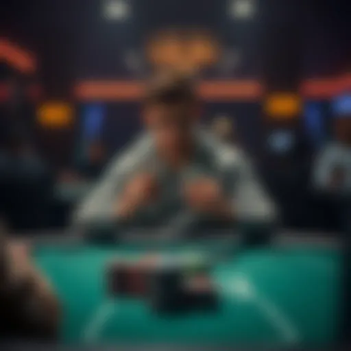 A beginner poker player sitting at a table, looking thoughtful while holding cards, weighing options to fold or play.