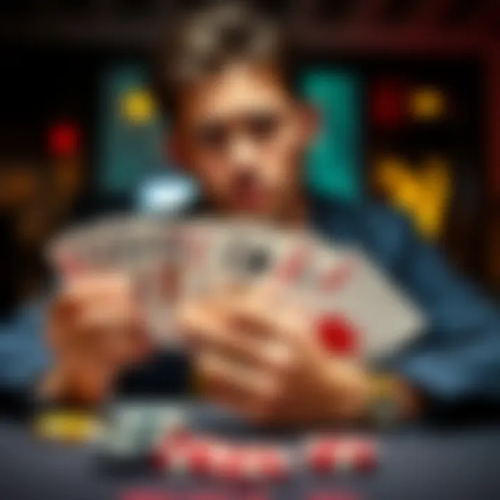 A poker player with a focused expression holds A♠Q♠ while contemplating whether to fold or continue after an aggressive bet from an opponent.
