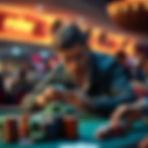 A novice poker player looking stressed while analyzing his cards at a tournament table, with chips stacked in front of him.