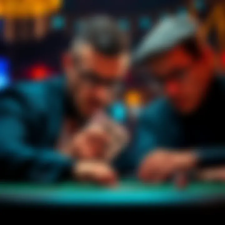 A poker player contemplates his move with a pair of twos in a tense game, while an aggressive opponent watches closely.