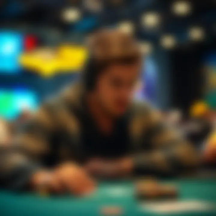 A focused poker player analyzes a situation at a tournament table with QQ in hand facing a 5-bet