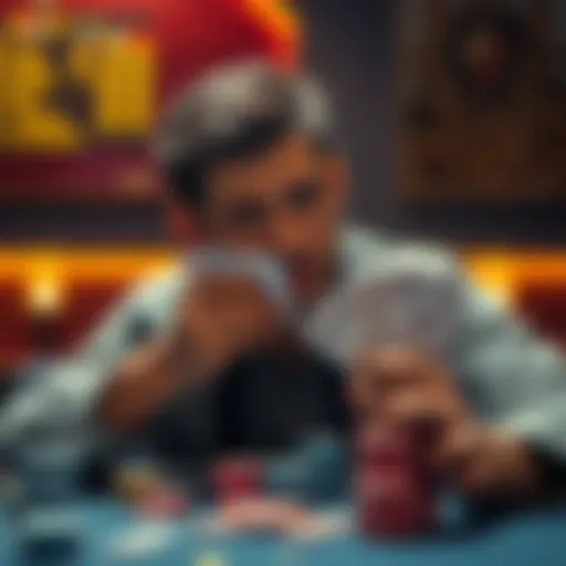 A poker player looking worried while holding cards, considering whether to go all-in, with chips stacked on the table