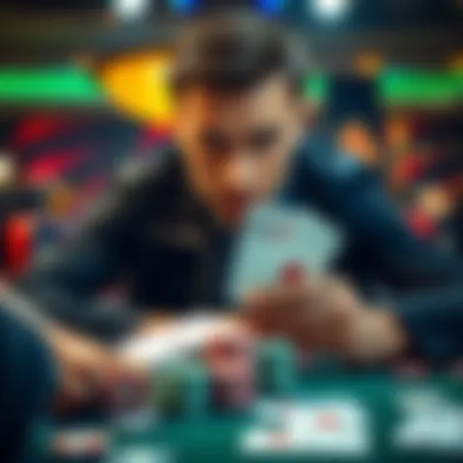 Poker player deciding on an all-in move A focused poker player contemplating whether to accept an all-in bet while holding 67 of clubs, surrounded by chips and cards on the table