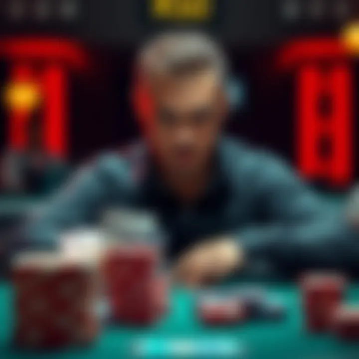 A poker player with K5o contemplating a decision at the river, with a stack of chips in front and a serious expression.
