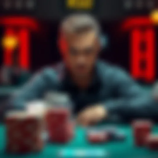 Poker Player Deciding to Check or Bet A poker player with K5o contemplating a decision at the river, with a stack of chips in front and a serious expression.