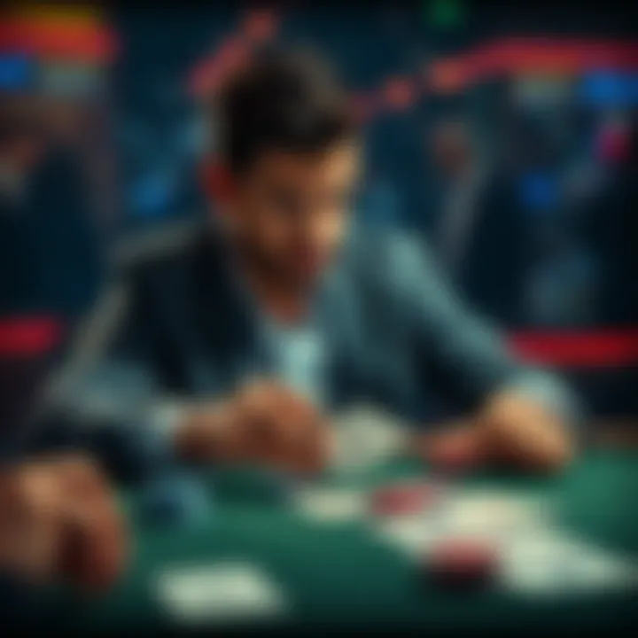 A poker player sitting at a table with a thoughtful expression, analyzing cards and chips in front of them, with community cards showing 5c6c