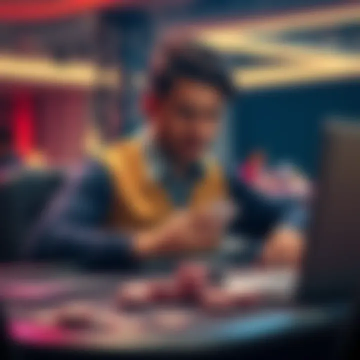 A poker player sitting at a table with cards, showing concentration while playing online and live games. Chips and a laptop are visible, illustrating the challenges of discipline in both formats.