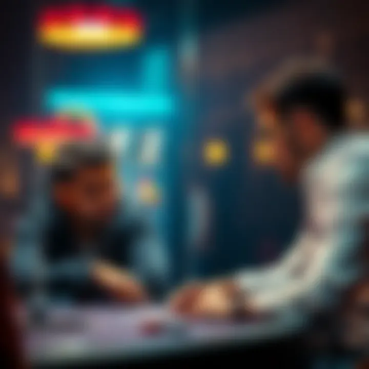 A poker player talking to a friend about a questionable move in a game, both looking concerned and engaged