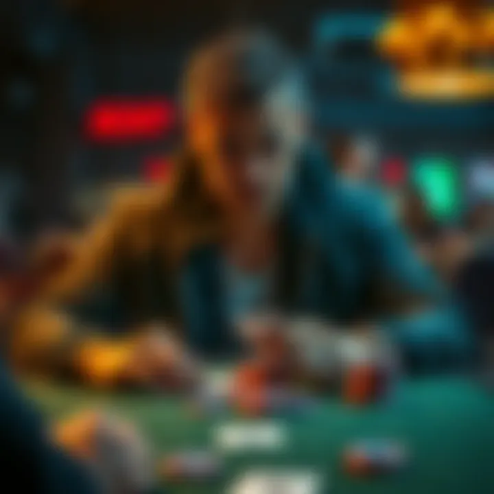 A poker player sitting at a table, looking worried while staring at his cards and chips, reflecting on his losses and emotions.