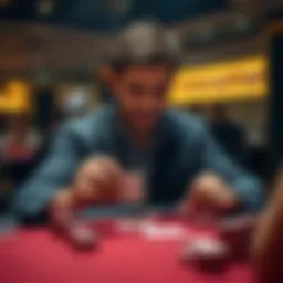 A focused poker player analyzing cards and chips at a Double or Nothing SnG table
