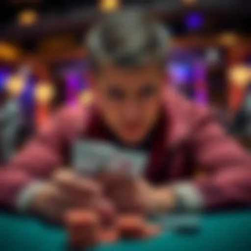 A focused poker player looking at his cards with a concerned expression while chips are stacked low in front of him