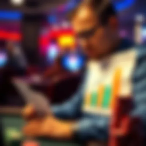 A poker player looking at a chart of winnings, showing growth and success in the game.