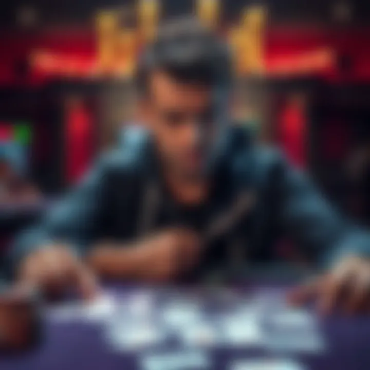 A poker player looking frustrated at a table with cards spread out, expressing concerns about game integrity on PokerStars.
