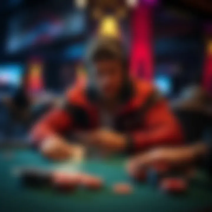 A focused player at a poker table, surrounded by cards and chips, emphasizing fast gameplay.