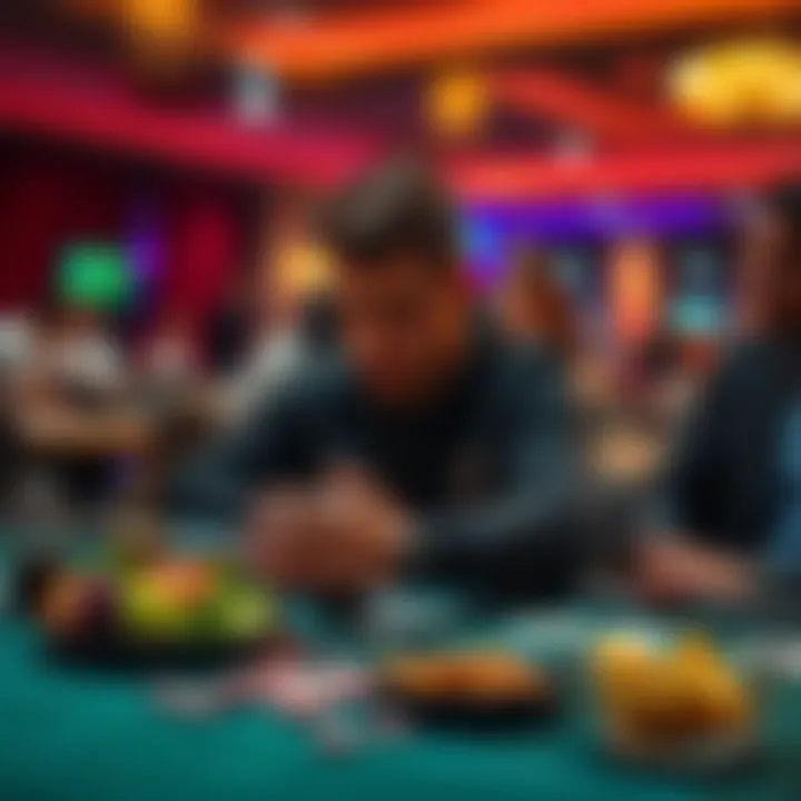 A poker player intently watching cards at a tournament table, with a healthy meal beside them, illustrating the impact of intermittent fasting on their performance.