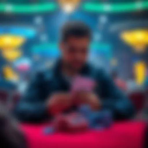 A casual poker player sits at a final table with cards in hand, focused and determined