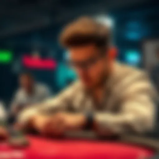 A poker player concentrating intensely while playing a game, showing determination and focus in a competitive setting.