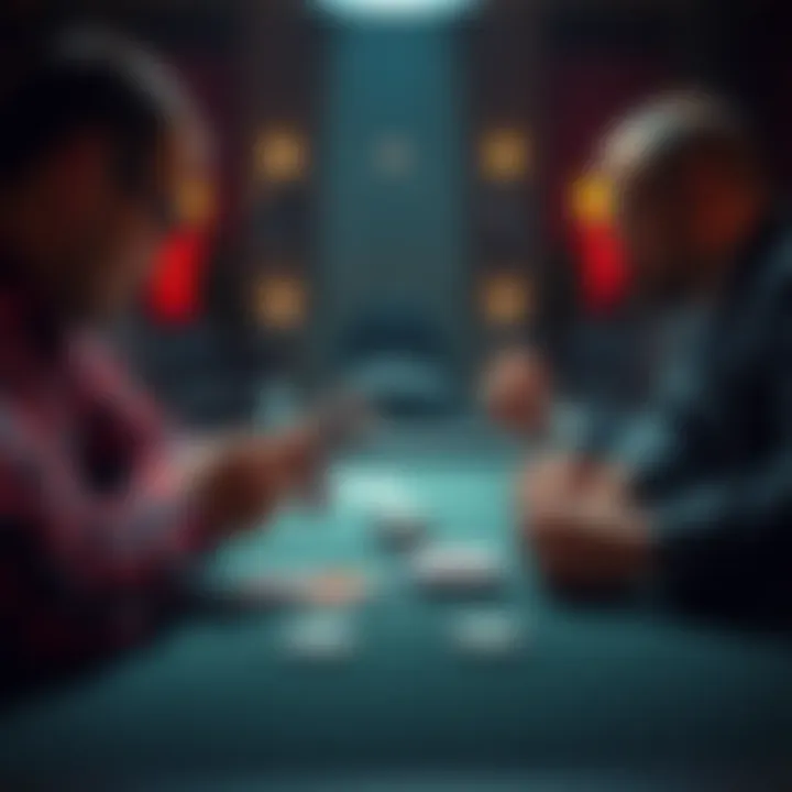 A player at a poker table folding their QQ hand while facing an aggressive opponent.