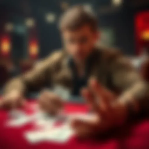A poker player looks frustrated at the table after losing a hand, with cards laid out in front of him. His empty hands show he forgot to use a card protector.