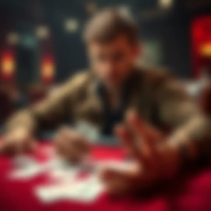 Poker player forgetting card protector A poker player looks frustrated at the table after losing a hand, with cards laid out in front of him. His empty hands show he forgot to use a card protector.