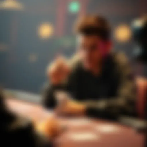 A poker player sitting at a table, looking distressed while staring at their cards and chips, representing the struggle of facing long losing streaks in the game.