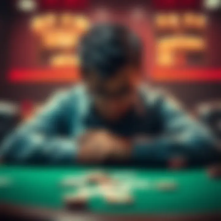 A poker player looking frustrated at the table after losing to flushes, with cards and chips scattered around.