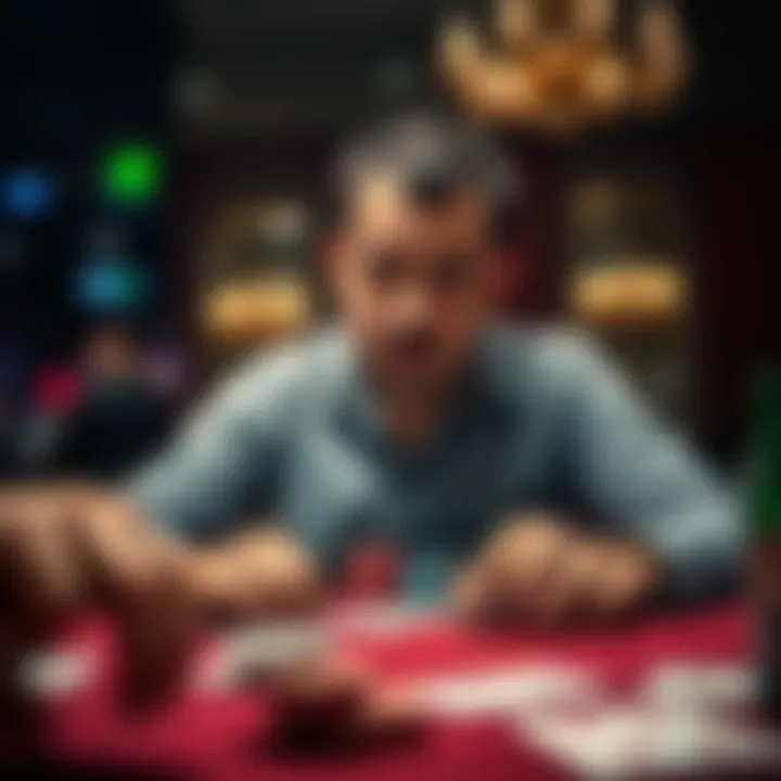 Poker player showing frustration A poker player looking frustrated at the table after an unexpected loss, surrounded by cards and chips.