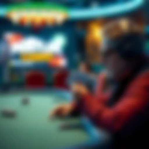 Poker Player Watching Hustler Casino Live A poker player enjoying a live stream of Hustler Casino, focused on the screen with cards in hand.