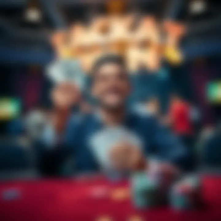 Poker player celebrating a jackpot win A poker player smiles while holding cash at a table, celebrating a bad beat jackpot win.